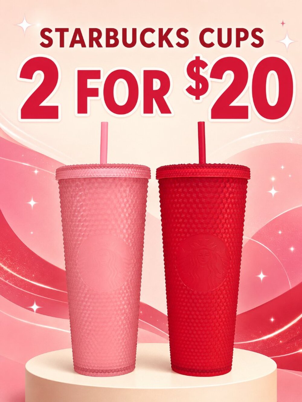 Starbucks Pink & Red Textured Cold Cups with Straws Set of 2